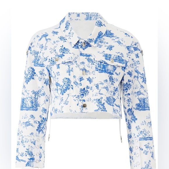 For Love And Lemons Jackets & Blazers - For Love & Lemons Delphine Cropped Denim Jacket | Toile Print | Cottagecore Chic